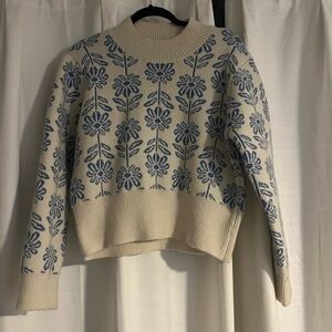 Floral Patterned Cream and Blue Sweater